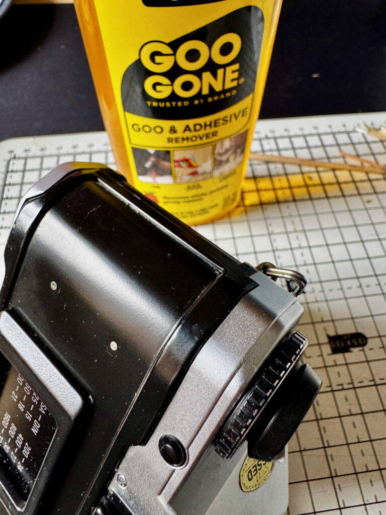 Yashica FX-D Ready for new covering to arrive, after the old adhesive has been cleaned off.