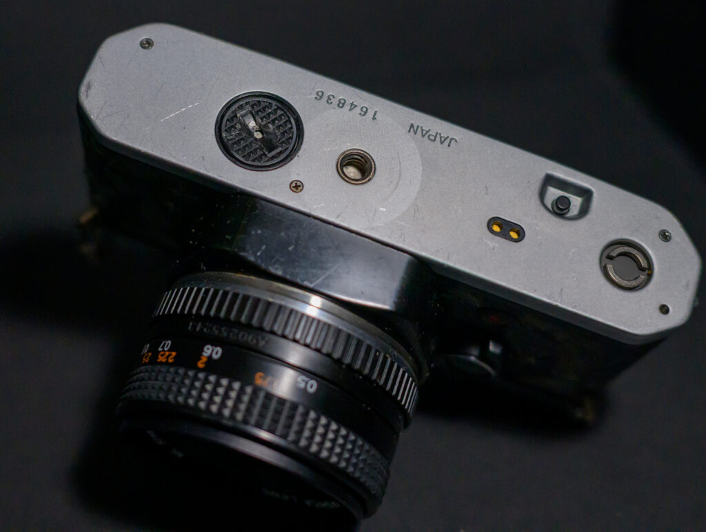 Yashica FX-D camera bottom view.