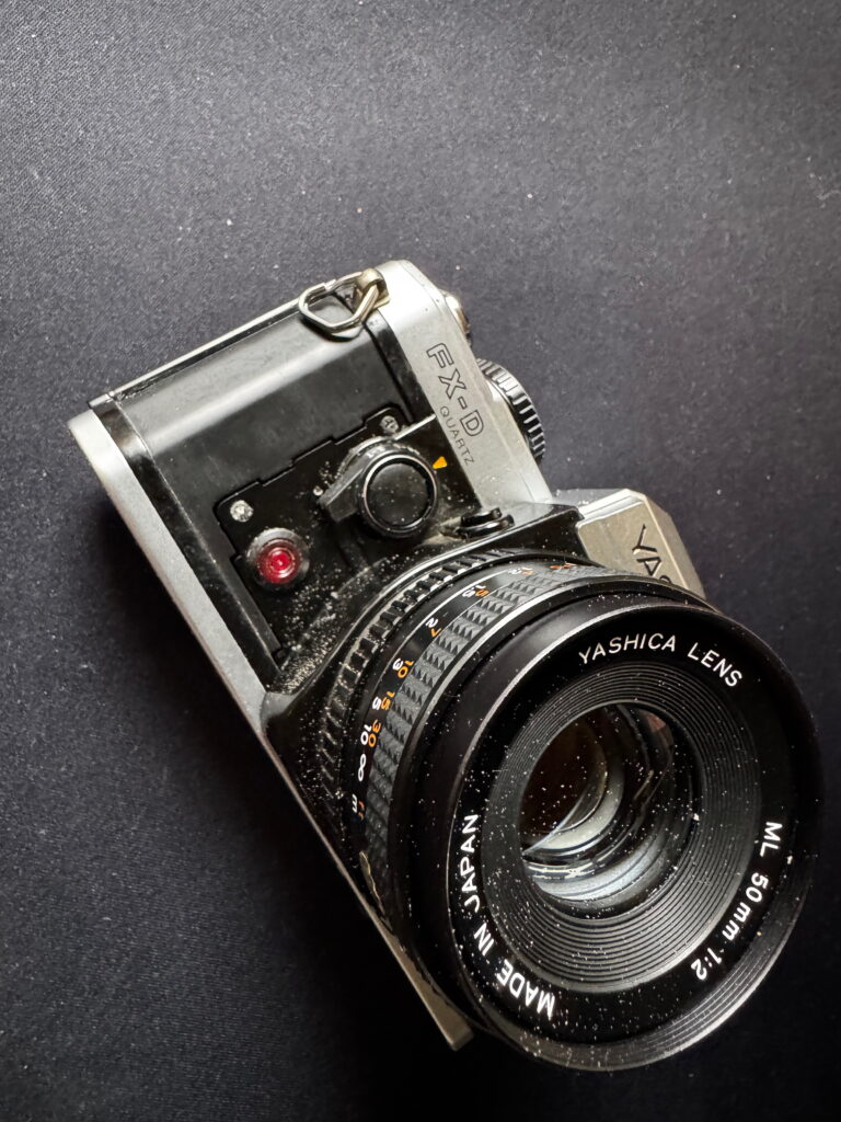 Yashica FX-D front view, with leatherette covering removed
