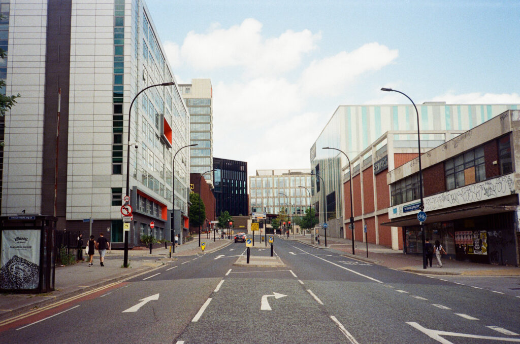 Furnival Gate, Sheffield, taken from the middle of the road, looking towards the centre of town.