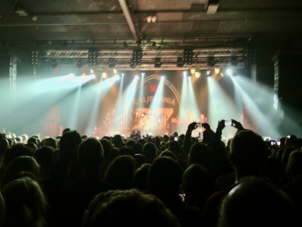 Concert with stage front crowd and spotlights