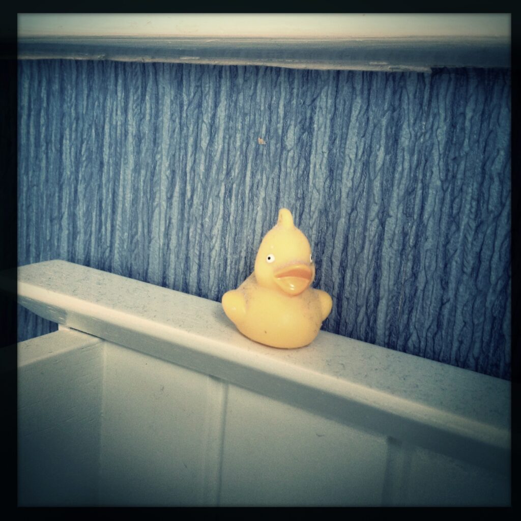 A yellow rubber duck sits on a bathroom ledge.