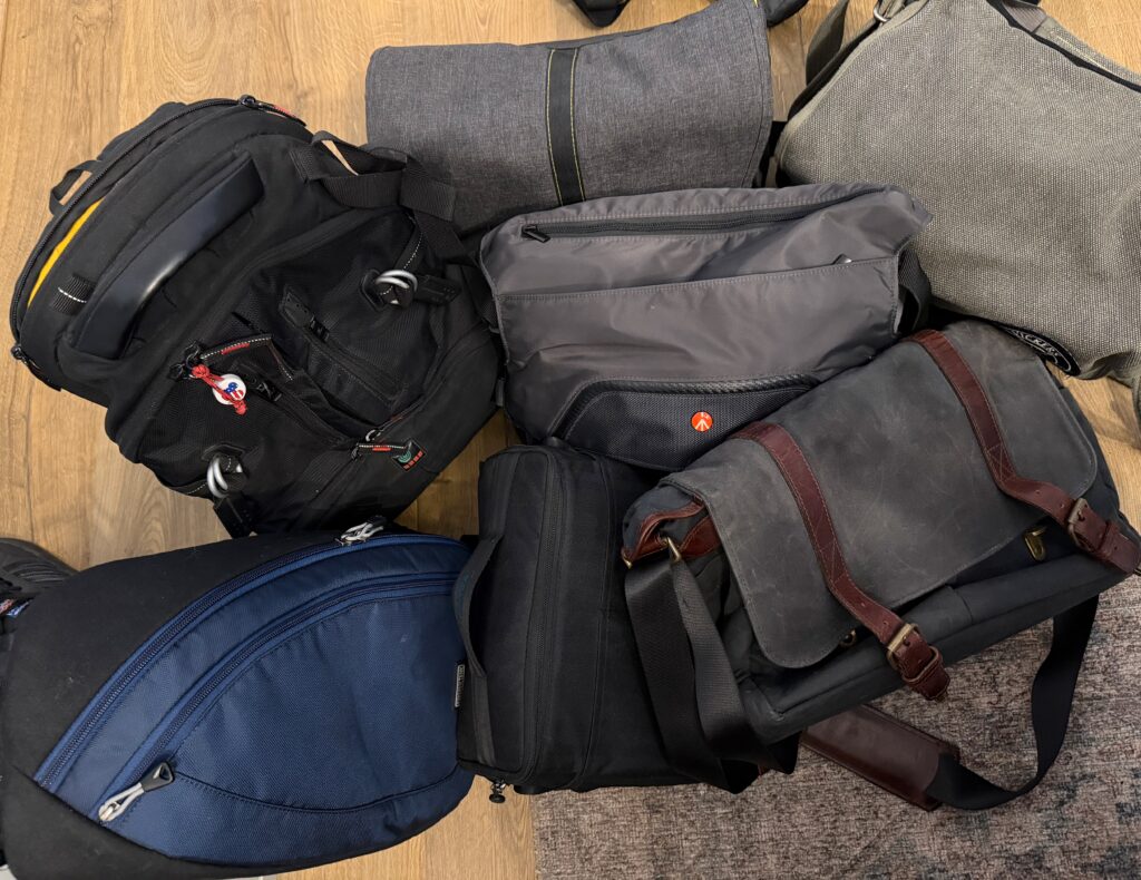 A collection of camera bags.